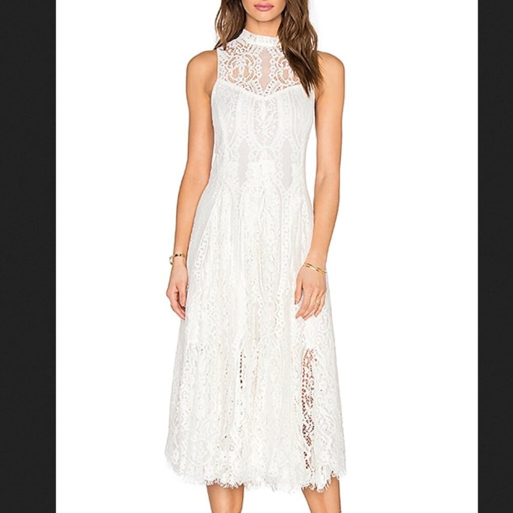 🤍 Free People White Lace Midi Dress Boho Cottagecore Trapeze Hem M